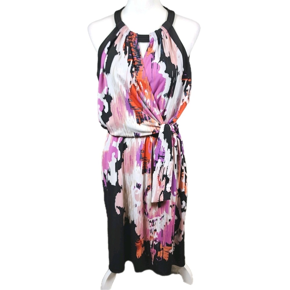 T Tahari Faux Wrap Dress Womens Large Black Pink Splatter Print Ring Neck Casual